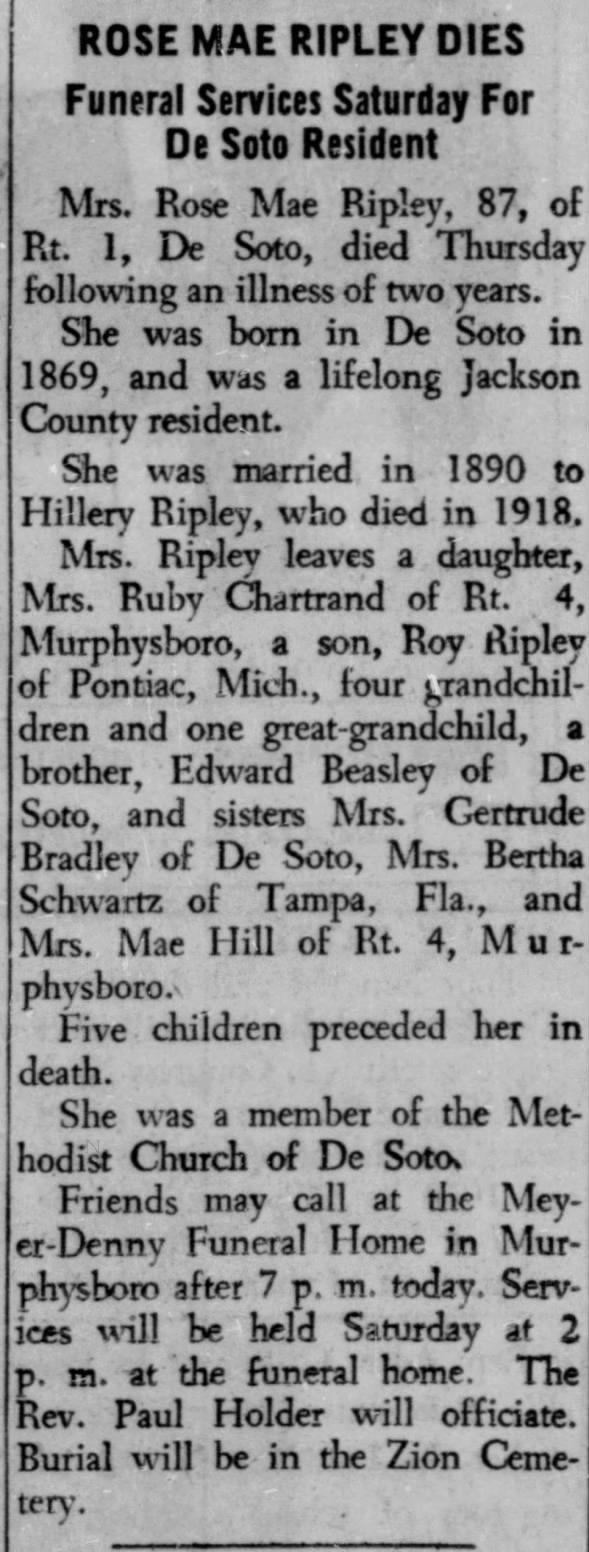 Obituary for ROSE MAE RIPLEY (Aged 87)
